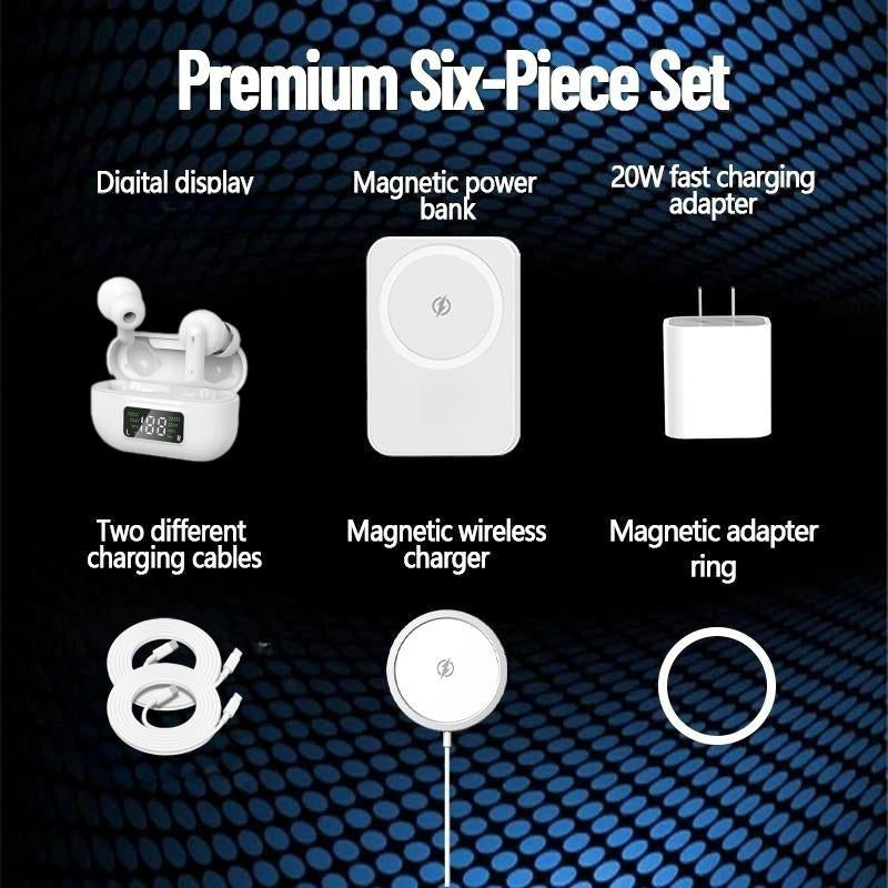 ARTCYBER 6-In-1 Charging Kit: Fast Charge, Magnetic Power Bank, Wireless Charger, Type-C to Fast Charging Cable, Adapter & Audio Support, Compact & Portable. Headset Device
